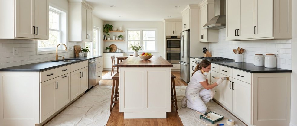 Painter refinishing white kitchen cabinets in a bright modern kitchen with island and stainless steel appliances